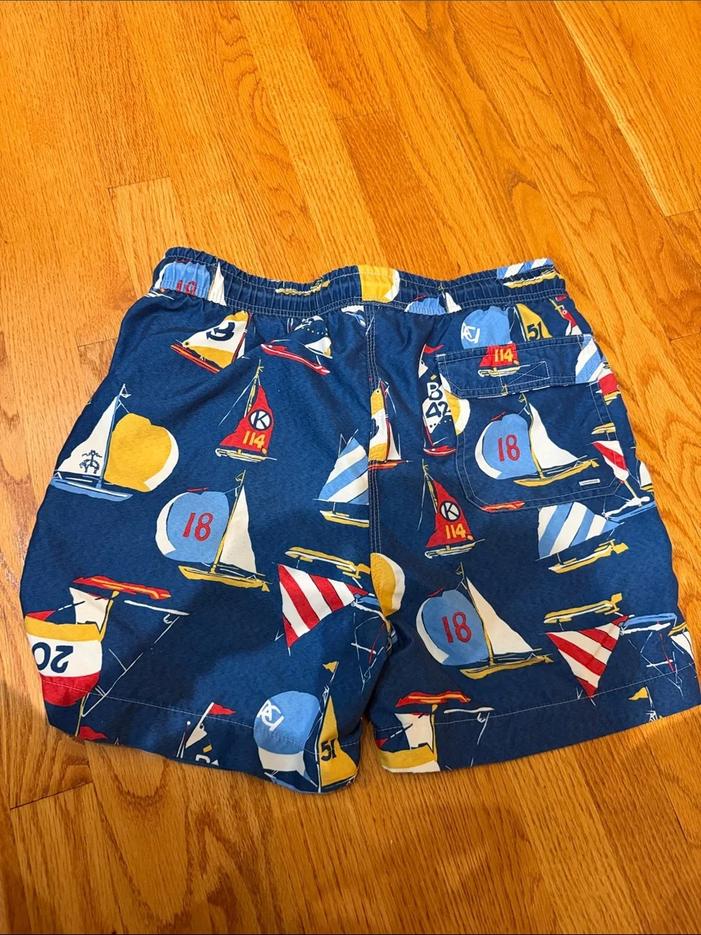 Brooks Brothers Navy Sailboat Print Swim Shorts with Red, Yellow & White Accents